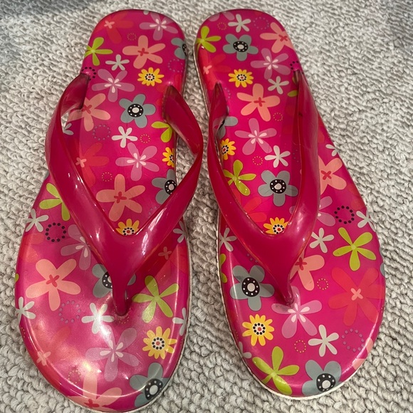 Floral Jelly Flip Flops Thong Sandals Flower Power Barbie Fuchsia Pink Retro 7 8 - Picture 7 of 7